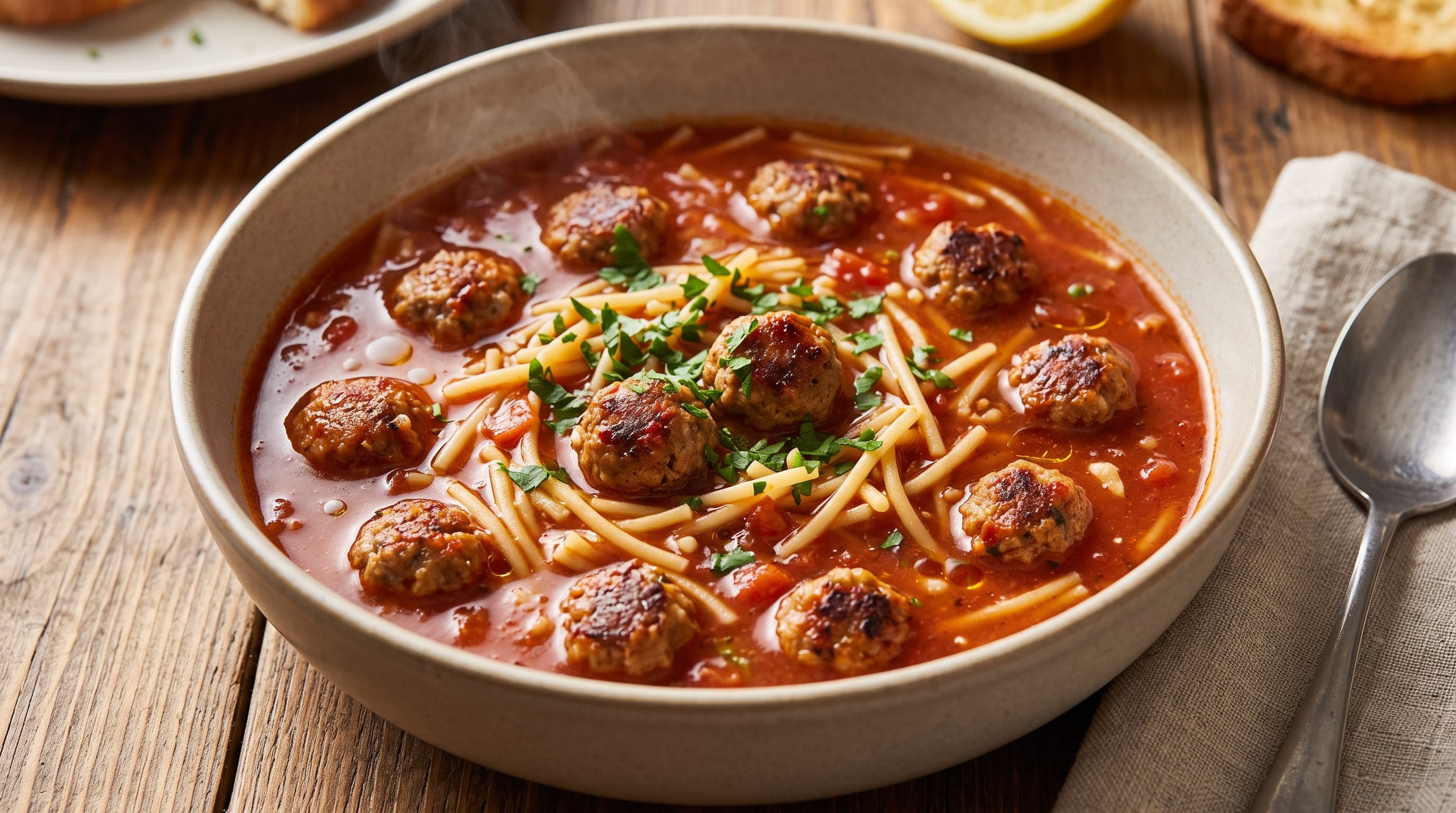 شوربة كرات الكفتة مع السباكيتي القصيرة